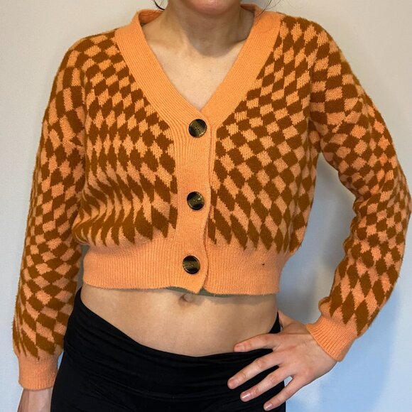 Cotton On cropped checkered cardigan - orange and brown - Picture 1 of 7